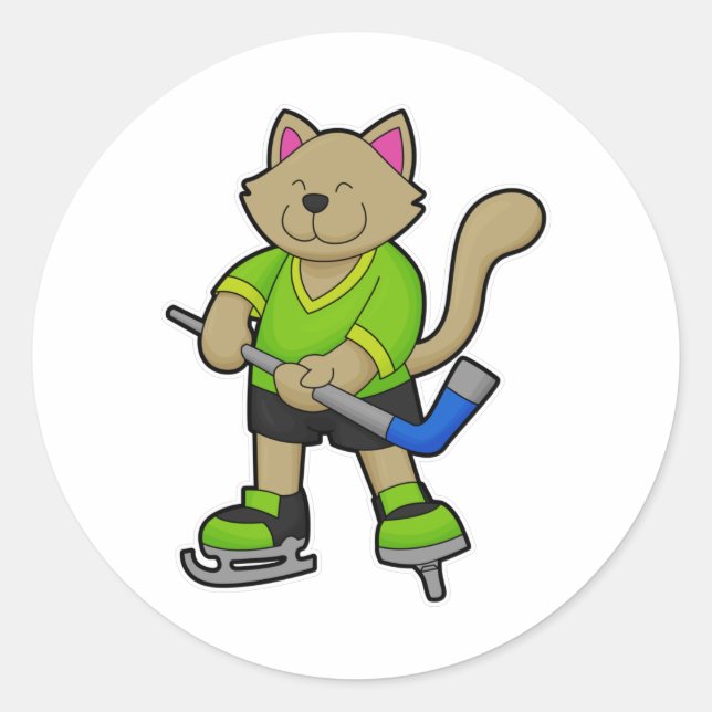 Cat at Hockey with Hockey stick Classic Round Sticker (Front)