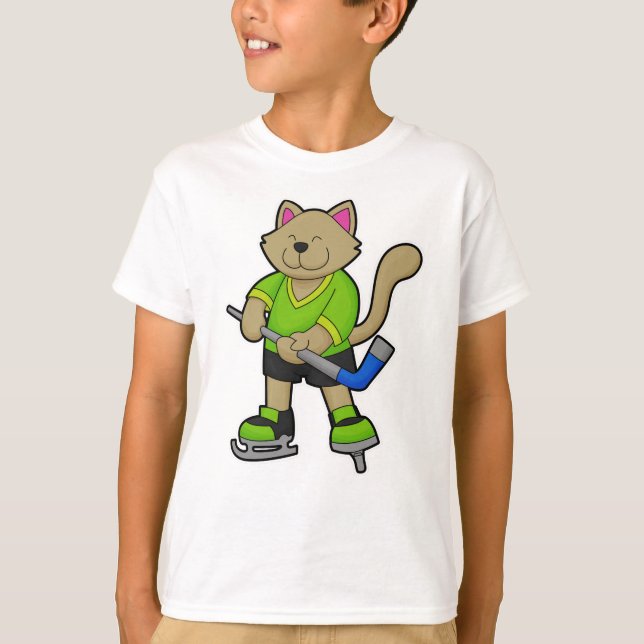 Cat at Hockey with Hockey stick T-Shirt (Front)