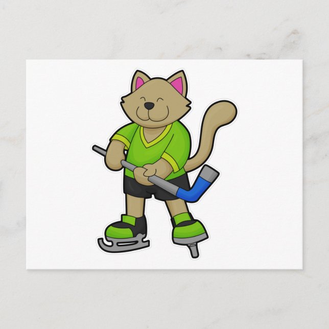 Cat at Ice hockey with Ice hockey stick Postcard (Front)