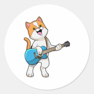 Cat at Music with Guitar Classic Round Sticker
