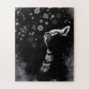Cat at Night - Black White Drawing Art Collection Jigsaw Puzzle