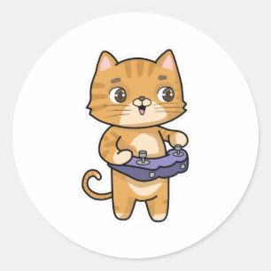 Cat at Playing with Controller Classic Round Sticker
