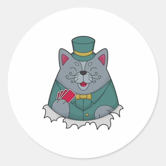 Cat at Poker with Poker cards Classic Round Sticker (Front)