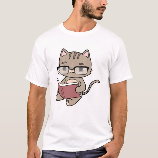 Cat at Reading with Book T-Shirt (Front)