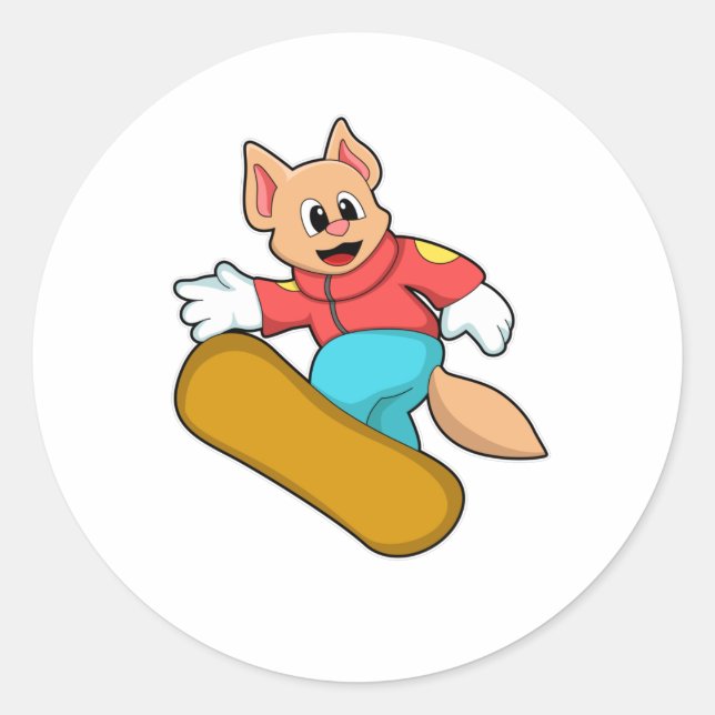 Cat at Snowboard Sports Classic Round Sticker (Front)