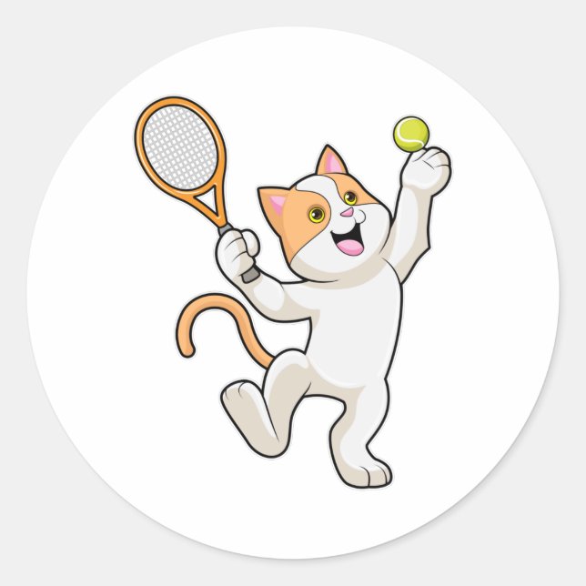 Cat at Tennis with Tennis racket Classic Round Sticker (Front)
