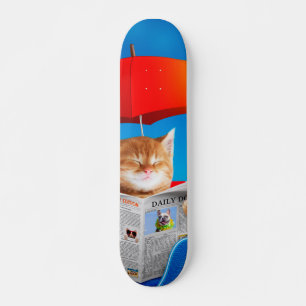 Cat At The Beach Reads Newspaper Skateboard