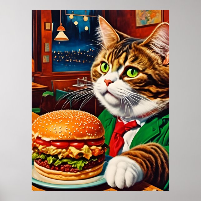 Cat at the Diner Orders a Cheeseburger Poster (Front)
