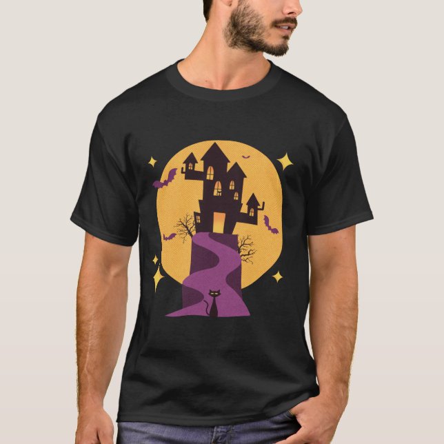 Cat at the End of the Road Haunted Halloween House T-Shirt (Front)