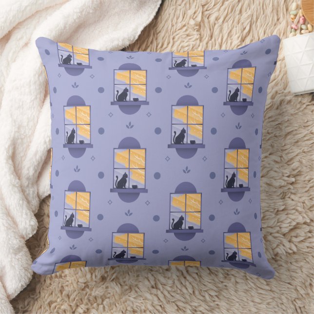 Cat at the Window Lavender Pattern  Cushion (Blanket)