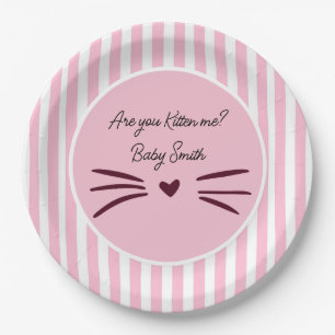 Cat Baby Shower, Baby Girl, Pink Stripes Paper Plate