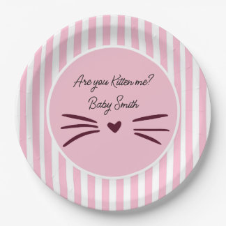 Cat Baby Shower, Baby Girl, Pink Stripes Paper Plate