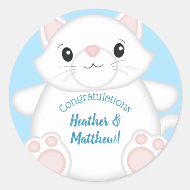 Cat Baby Shower Kitty Blue Classic Round Sticker (Front)