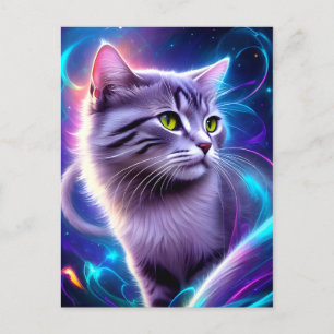 Cat , background in low neon colors postcard