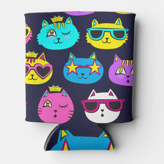 Cat badges, pop art textile can cooler (Front)