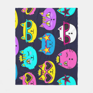 Cat badges, pop art textile fleece blanket