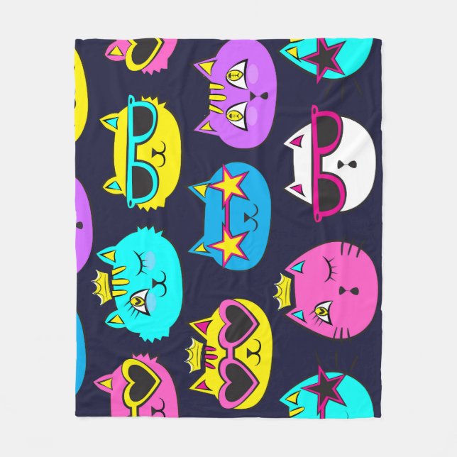 Cat badges, pop art textile fleece blanket (Front)
