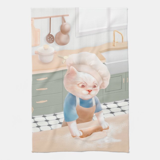 Cat Baker Baby – Cosy Morning Kneading Tea Towel (Vertical)