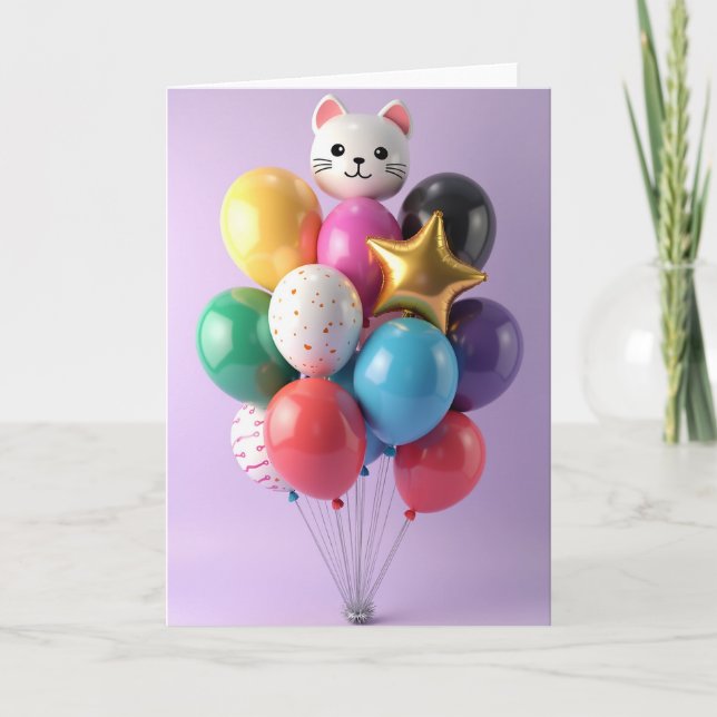 Cat Balloon Birthday Wish Card (Front)