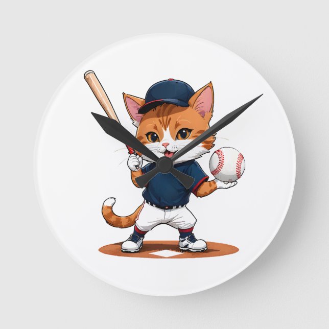 Cat baseball player round clock (Front)