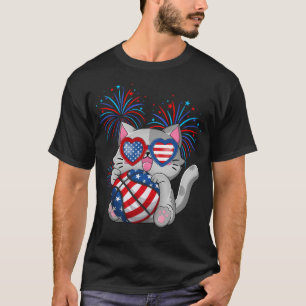 Cat Basketball American Usa Flag Cat 4th Of July T-Shirt