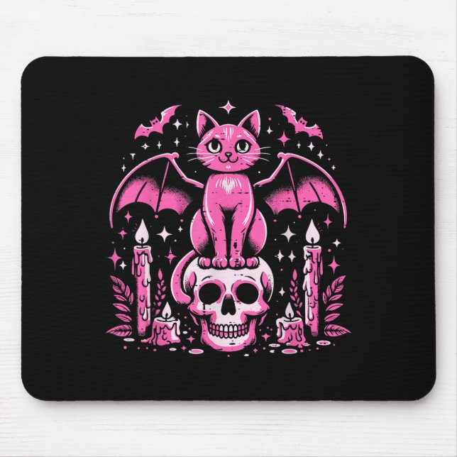 Cat Bat On Skull Halloween Costume Goth Women Girl Mouse Pad (Front)