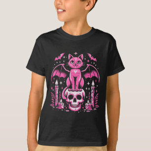 Cat Bat On Skull Halloween Costume Goth Women Girl T-Shirt