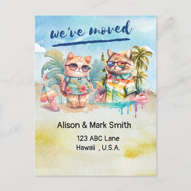  Cat  beach  Lovers Moving New House announcement Postcard (Front)