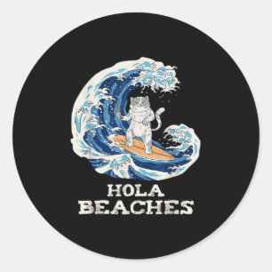 Cat Beaches Funny Japanese Hola Cat Surfing  Classic Round Sticker