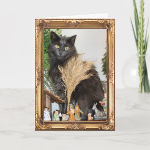 Cat behind the nativity set holiday card