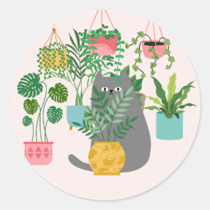 Cat Between Plants Funny Classic Round Sticker
