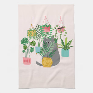 Cat Between Plants Funny Tea Towel