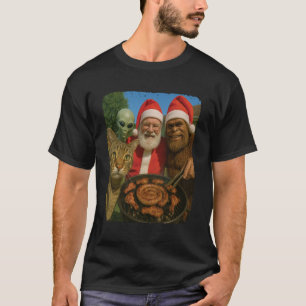 Cat Bigfoot Alien Santa Braai BBQ Christmas Selfie T-Shirt