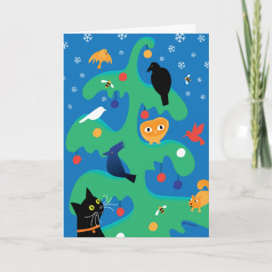 Cat Bird Christmas Tree Holiday Card