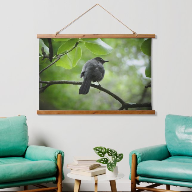 Cat Bird Photo On Wood Topped Wall Tapestry (Living Room)