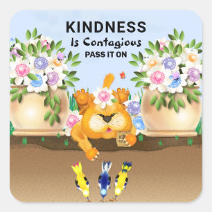 Cat Birds Srping Garden Friendship Kindness Square Sticker