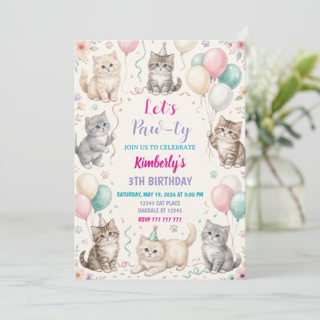 Cat Birthday Invitation Kitten Party Pawty Girl (Standing Front)