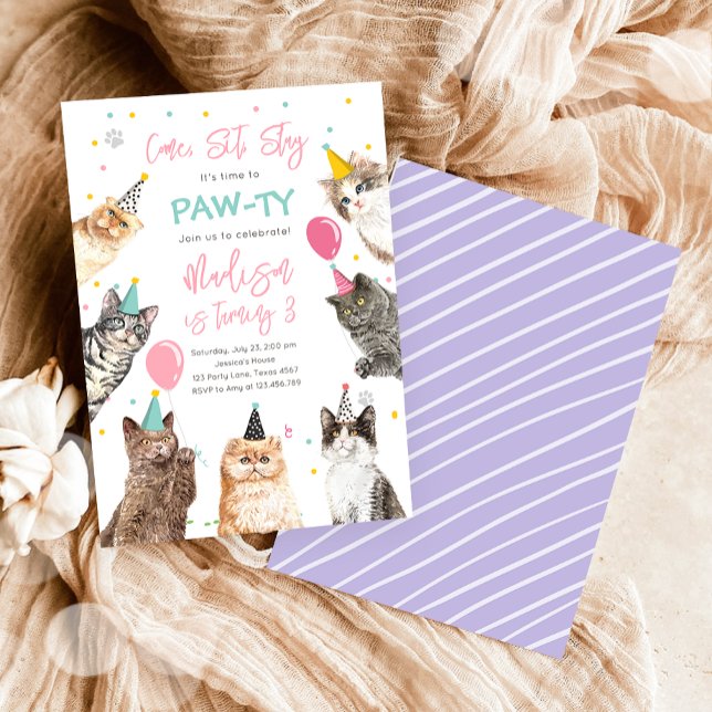 Cat Birthday Invitation Kitten Party Pawty Girl (Creator Uploaded)