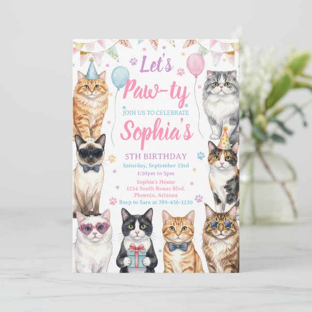Cat Birthday Invitation Kitten Party Pawty Girl (Standing Front)