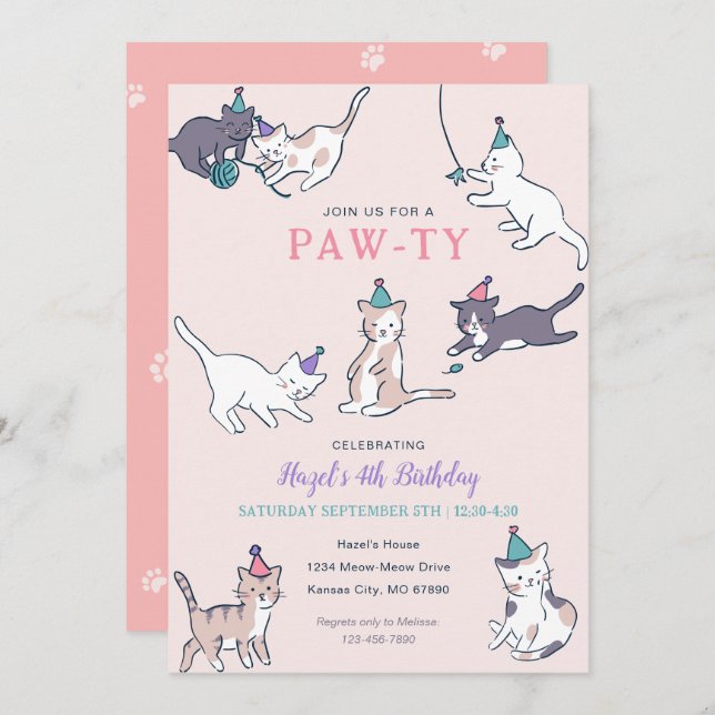 Cat Birthday Invitations with Party Cats | Pink (Front/Back)