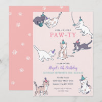 Cat Birthday Invitations with Party Cats | Pink