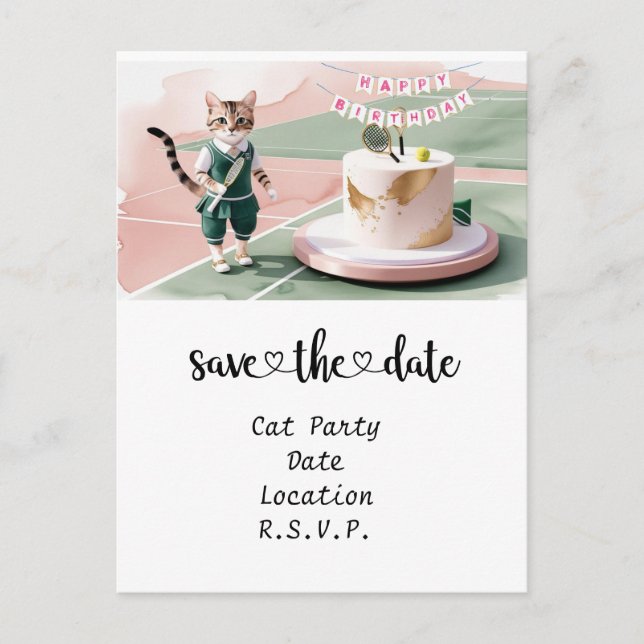 Cat  Birthday Party at tennis court Invitation Postcard (Front)