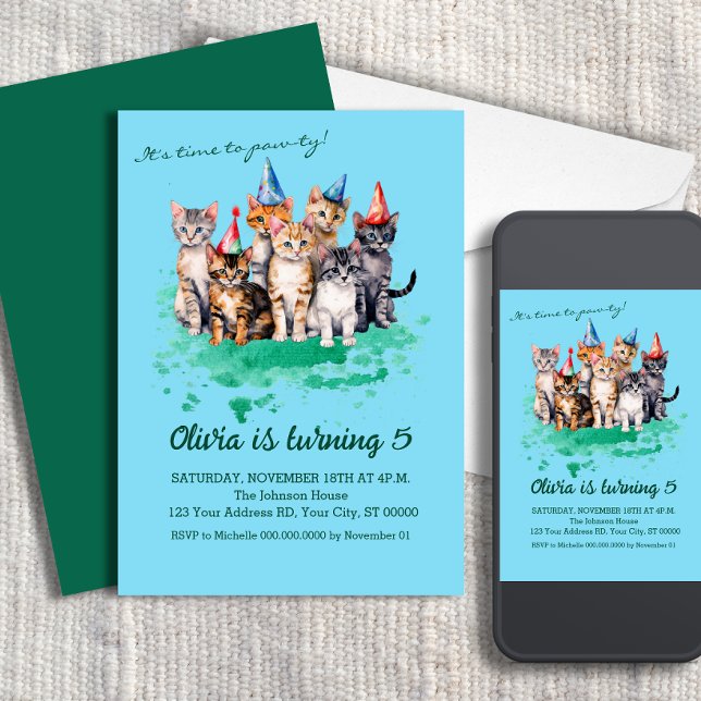 Cat Birthday Party, Girls and Kids Blue Invitation (Creator Uploaded)