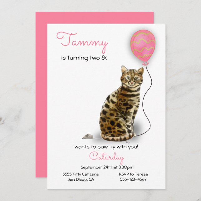 Cat Birthday Party Invitation (Front/Back)