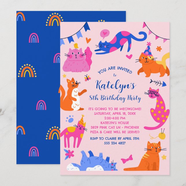 Cat Birthday Party Invitation - Colorful Cats (Front/Back)