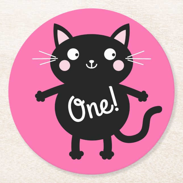 Cat Birthday Party Round Paper Coaster (Front)