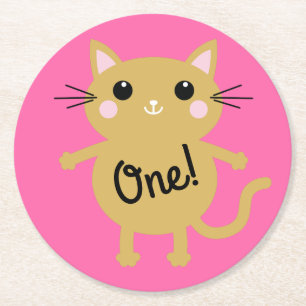 Cat Birthday Party Round Paper Coaster