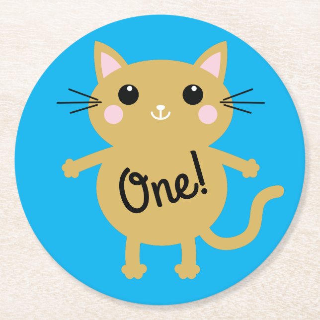 Cat Birthday Party Round Paper Coaster (Front)
