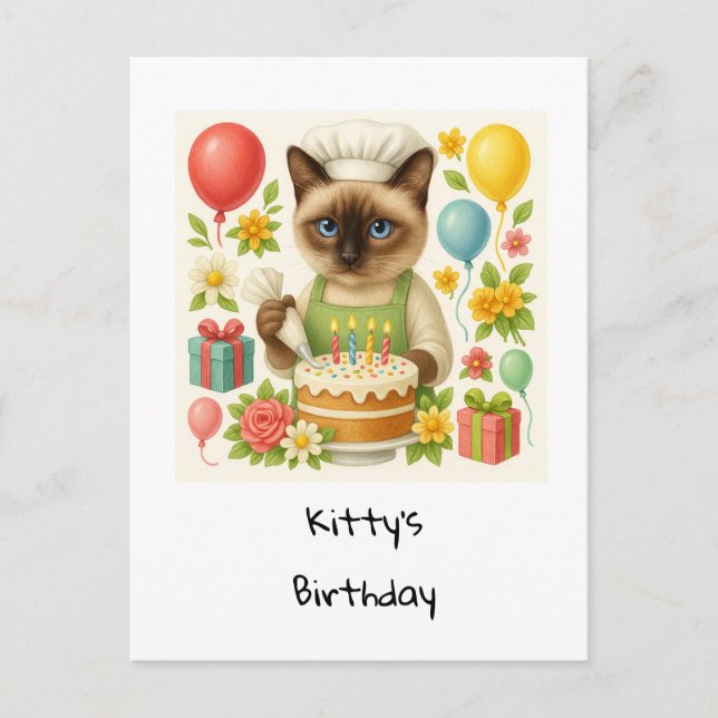 Cat Birthday Party themed with cake  Postcard (Front)