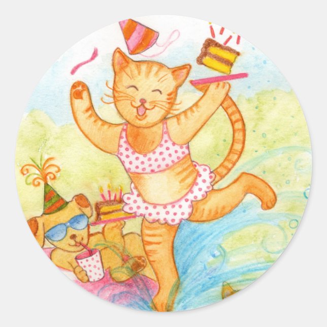 Cat Birthday Pool Party Classic Round Sticker (Front)